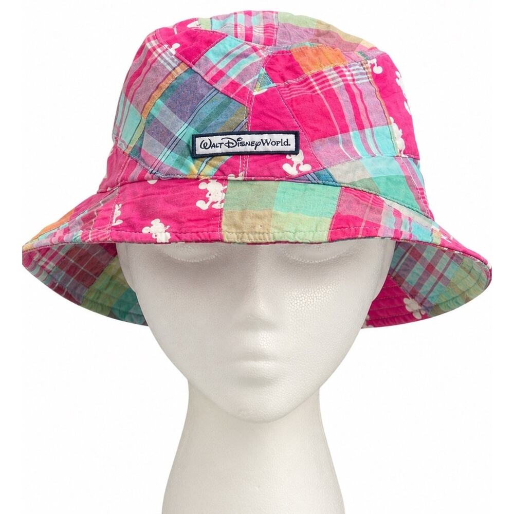 Disney World Patchwork Bucket Hat Adult Madras Pink Plaid Womens Vtg Y2K